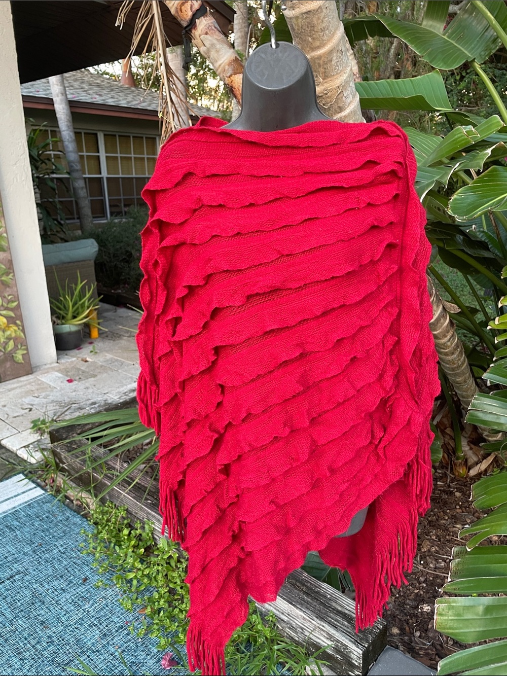 fringe and ruffled scarf, tape poncho